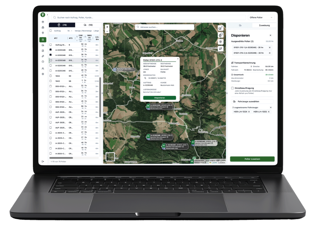 Timber Flow Web-App: Disposition mit Karte, Polterliste und Transportberechnung