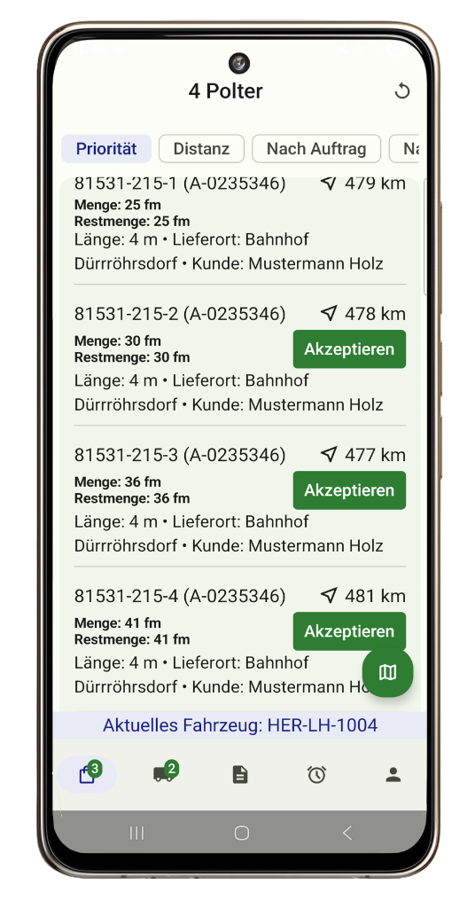 Timber Flow Mobile-App: Polterliste für Fahrer mit Auftragsannahme